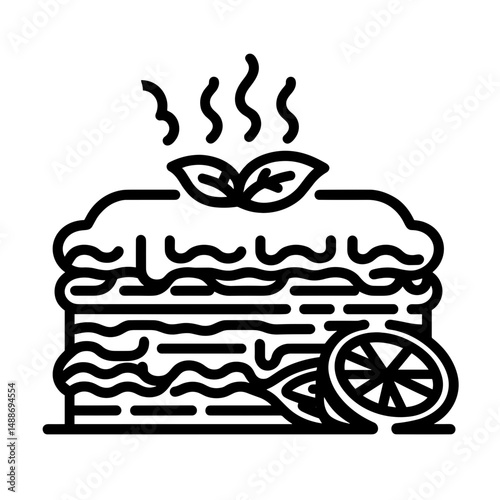 Delicious lasagna with herbs and lemon slice on a white background  