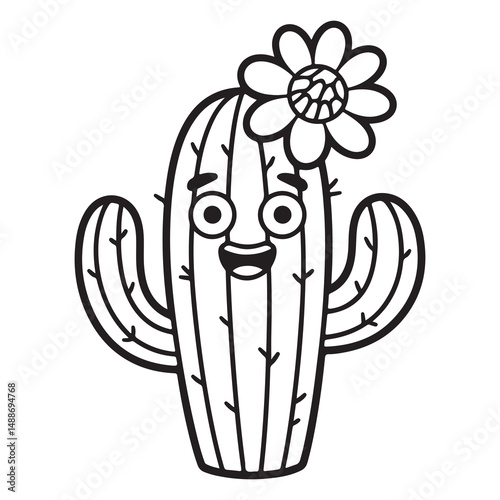 Cactus with Flower and Face – Fun Plant Coloring Page