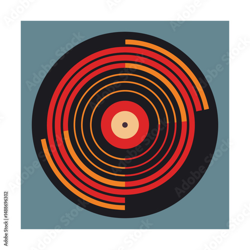 Abstract retro vinyl record illustration with red and orange concentric circle design