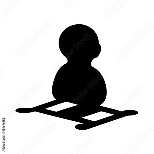 Simple black silhouette of a child seated in a safety harness