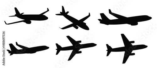 Six Airplane Silhouettes in Various Flight Positions
