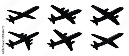 Six Black Silhouettes of Airplanes in Flight