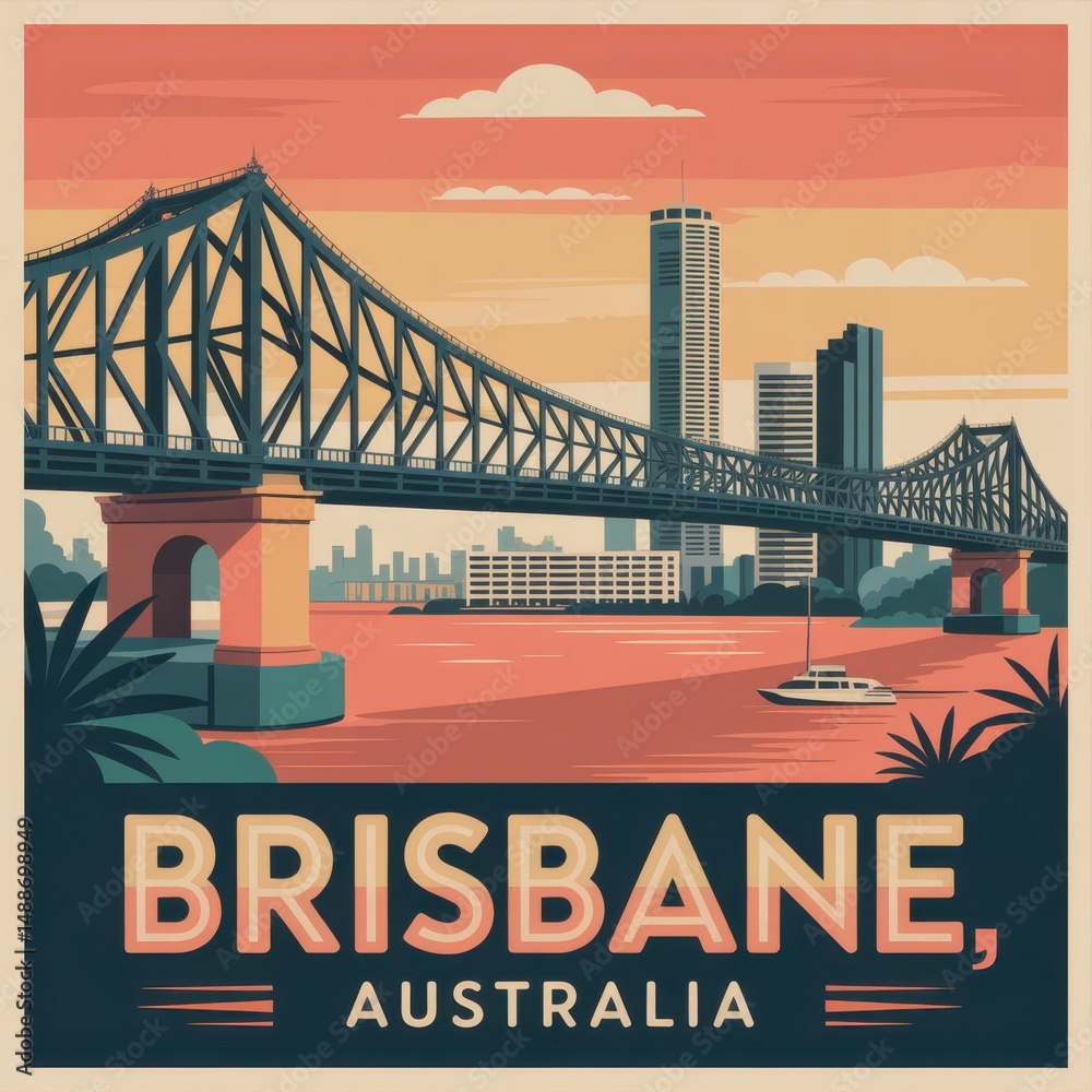 Obraz premium Brisbane Australia Vintage Travel Poster with Iconic Bridge