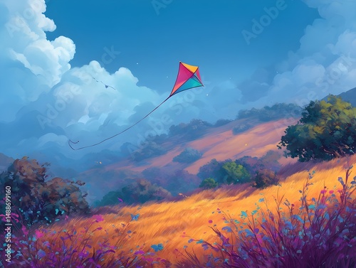 Spark Memories Outdoors with a Colourful Kite Flying Across a Windy Hill Under Blue Skies