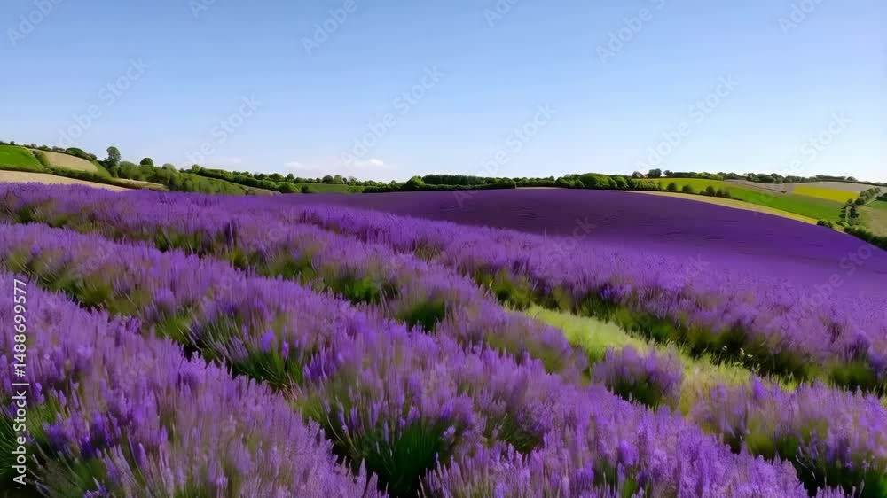 Lavender flowers blooming in a field under a clear blue sky during the daytime, creating a tranquil and picturesque scene Lavender flowers blooming in a field under a clear blue sky during the daytime, creating a tranquil and picturesque scene