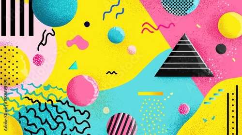 Vibrant 90s Retro Style Abstract Background Design with Geometric Shapes and Bold Colors