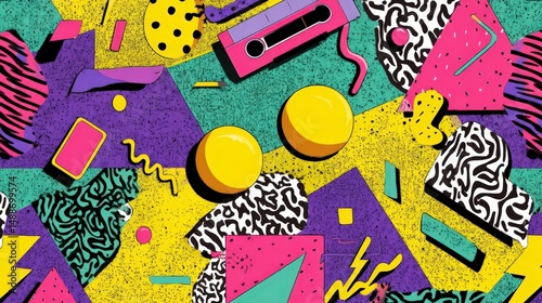 Vibrant 90s Retro Style Pattern Background Design with Geometric Shapes and Cassette Tape