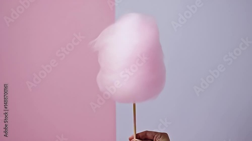 Fluffy Pink Cotton Candy Spinning on a Stick – Soft Pastel Background, Dreamy and Light Atmosphere