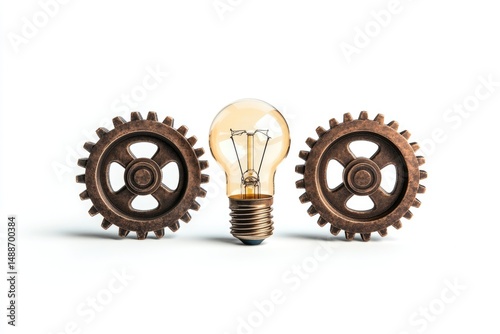 A lightbulb is flanked by two bronze gears, conveying the concept of ideas, mechanics, and the power of innovation.