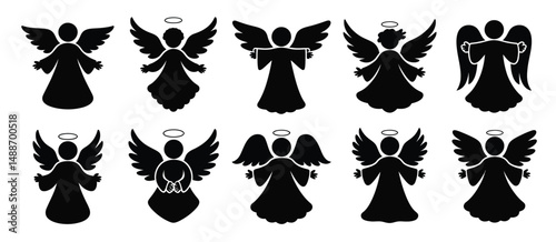 Ten Black Silhouette Angels with Halo and Wings