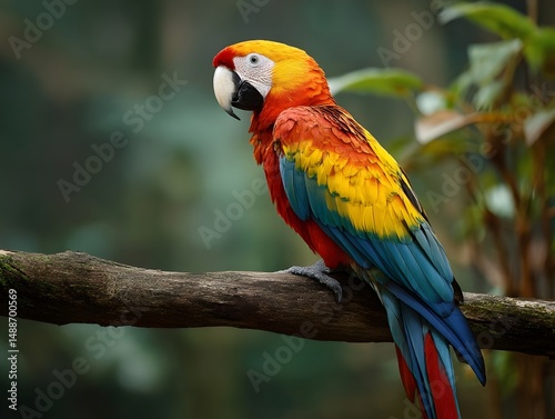 Vibrant Parrot Perched on Jungle Branch Against Natural Background Evoking Tropical Wildlife Adventure Conservation Awareness