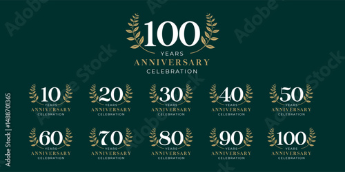Set of vector logo designs for 10th to 100th anniversary with laurel flowers, in gold color for celebrations, weddings and birthdays