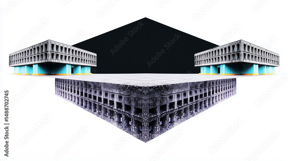 Abstract architectural collage with symmetrical modern buildings