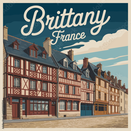 Brittany France Vintage Poster with Half-Timbered Houses