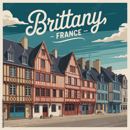 Brittany France Vintage Poster with Half-Timbered Houses