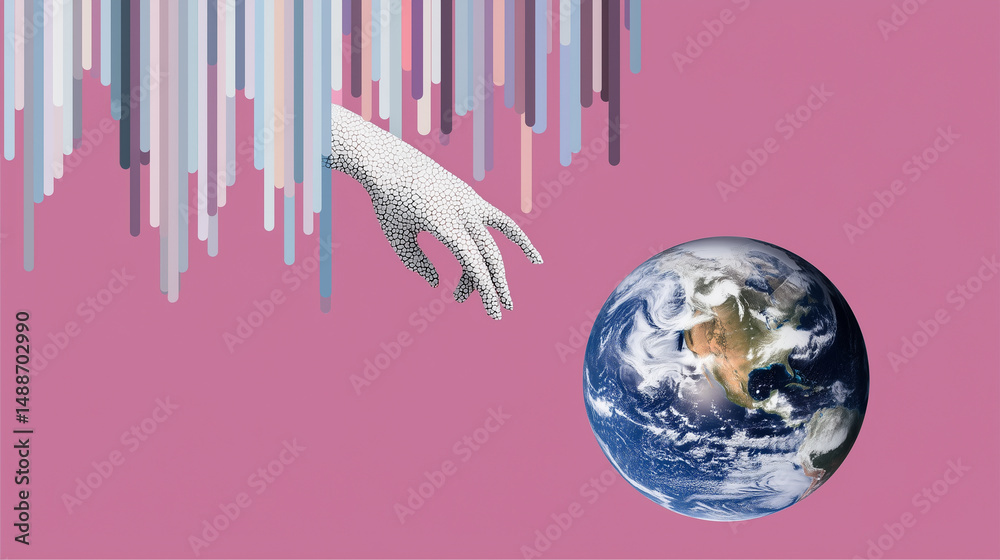 Surreal collage of hand reaching toward Earth with geometric shapes