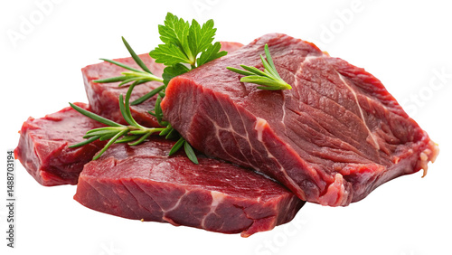Fresh raw beef meat steaks with rosemary and parsley on black background