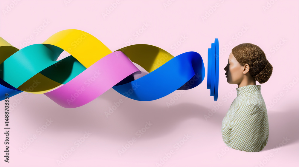 Surreal collage of a woman interacting with colorful twisted ribbons
