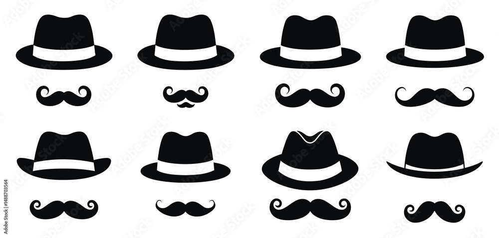 Collection of Classic Fedora Hats and Mustaches Icons Collection of Classic Fedora Hats and Mustaches Icons
