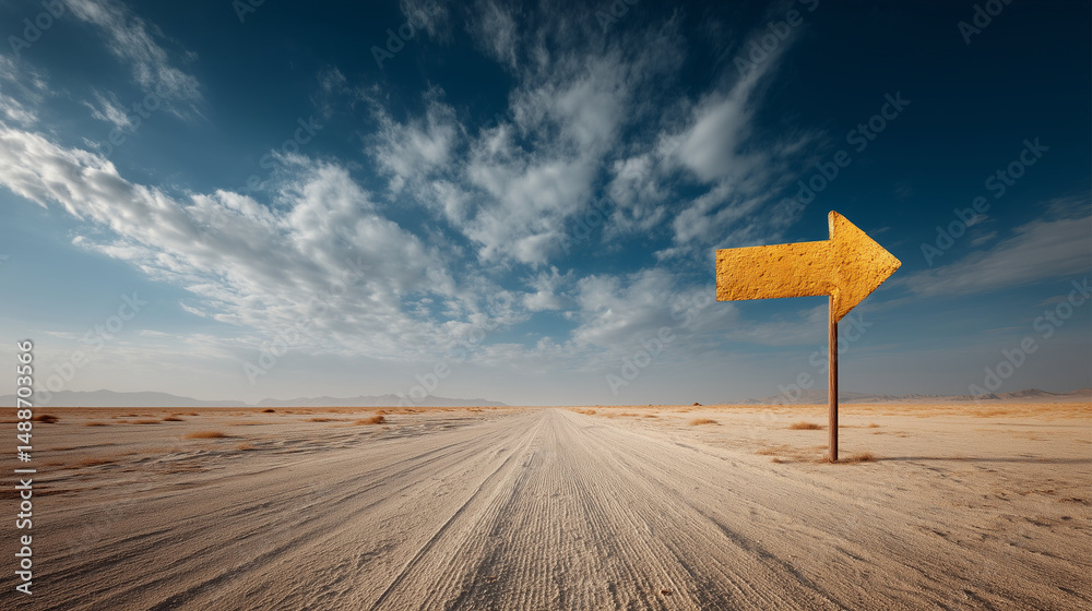 Yellow arrow sign pointing right on a sandy desert road under cloudy sky