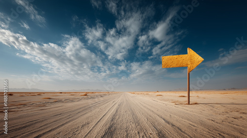 Yellow arrow sign pointing right on a sandy desert road under cloudy sky