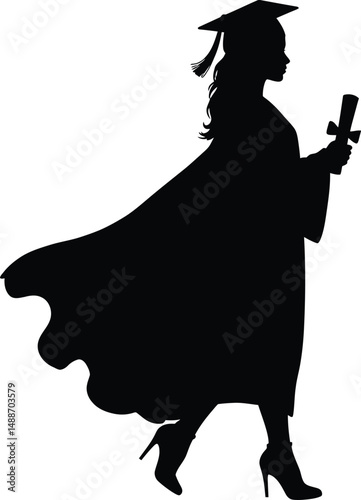 Silhouette of Female Graduate in Cap and Gown Holding Diploma

