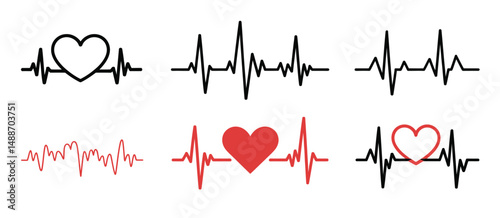 Heart Rate Monitor Icons Set Black and Red Heartbeat Waves