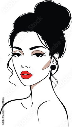 Stylish Woman Portrait with Red Lips and Hair Bun Illustration

