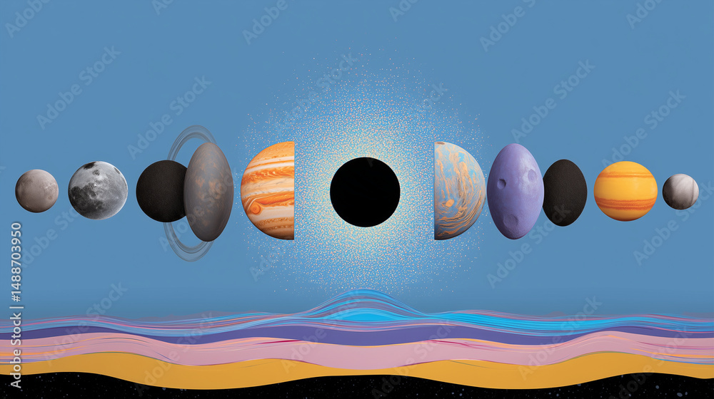 Artistic representation of the solar system with a black hole in the center