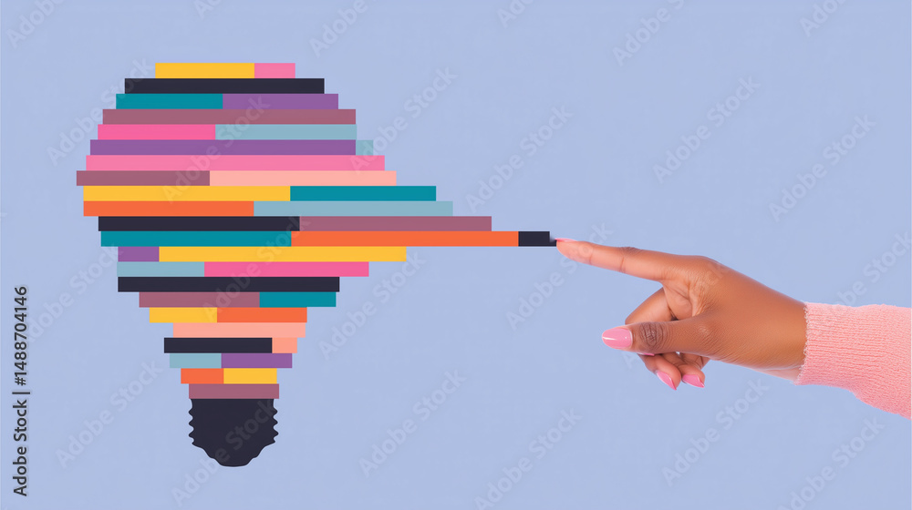 Colorful light bulb made of stacked blocks being pushed by a hand