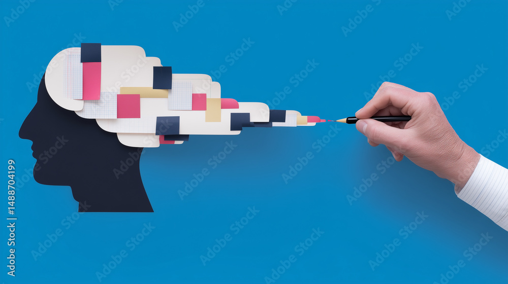 Conceptual image of hand painting colorful pixels from a human head silhouette
