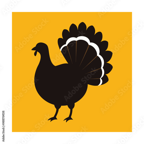 Simple illustration of a black turkey with tail feathers on a yellow background for thanksgiving