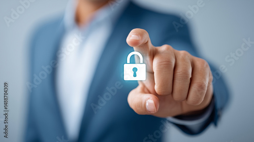 Obraz na płótnie Businessman pointing at digital padlock security icon w salonie