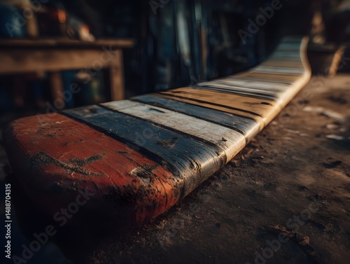 Hockey goalie stick paddle with worn edges rests on gritty ice surface portraying game intensity