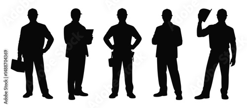 Five Construction Worker Silhouettes Diverse Poses