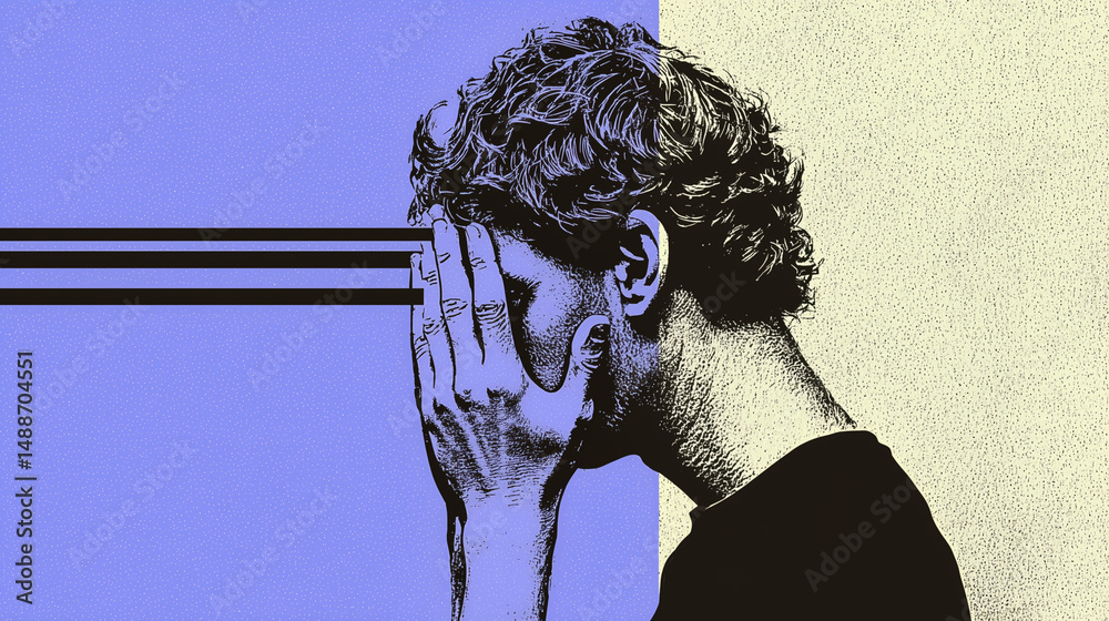 Artistic portrait of a man covering face with hands against colorful background