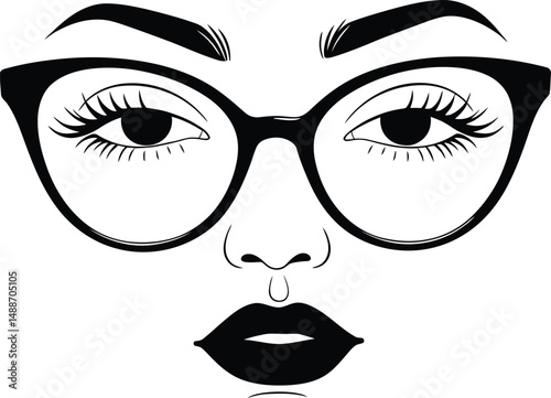 Portrait of Woman Big Eyes Long Eyelashes Black Glasses Red Lips Line Art Minimalist Bold High Contrast Black and White

