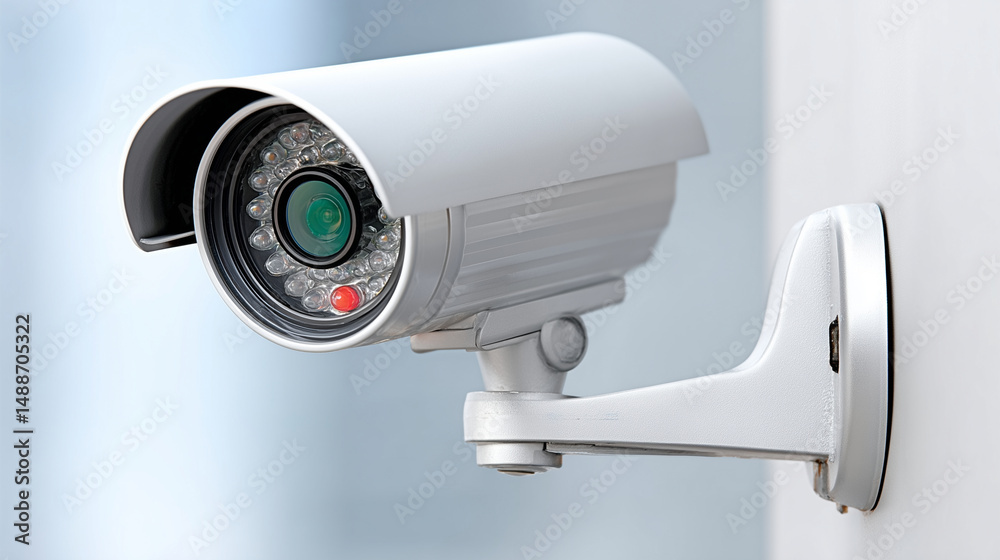 Modern security camera mounted on white wall