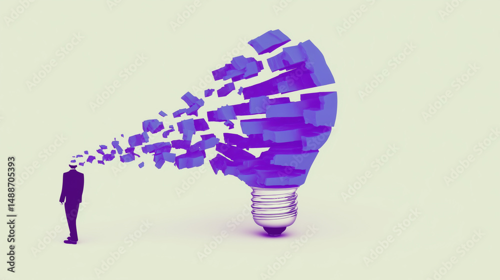 Surreal digital art of man facing a disintegrating light bulb