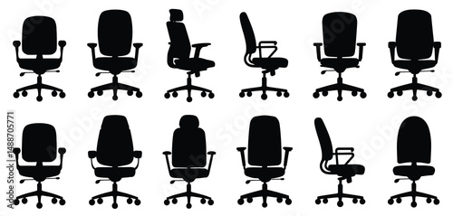 Twelve Black Silhouettes of Office Chairs in Various Views
