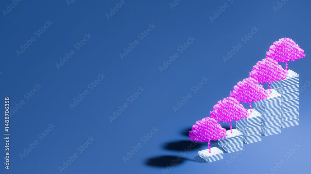 Abstract growth concept with pink trees on ascending platforms