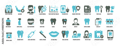 Dental Icons Set – Tooth, Dentist, Toothbrush, Implant and Oral Care Symbols – Solid Vector Collection