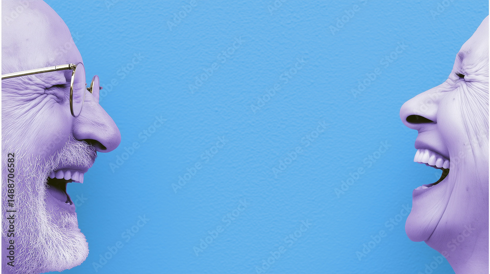Elderly couple laughing against blue background