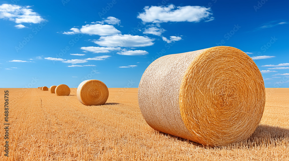 Golden hay bales in a harvested wheat field