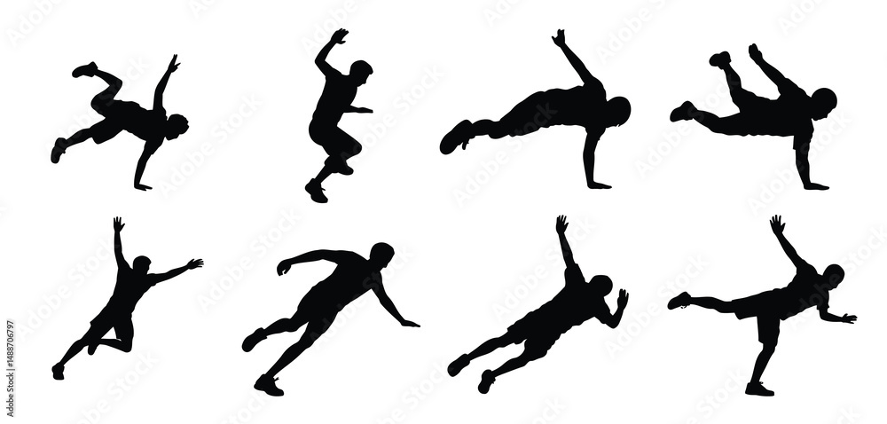 Silhouettes of Men Performing Parkour and Freerunning Moves Silhouettes of Men Performing Parkour and Freerunning Moves