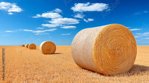 Obraz na płótnie Golden hay bales in a harvested wheat field w salonie