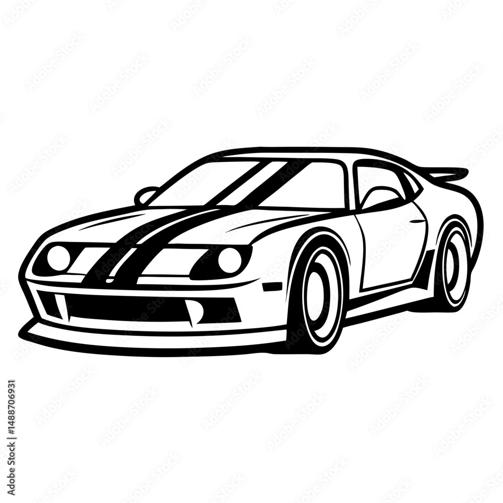 Naklejka premium A sleek, high-performance sport car, illustrated with clean lines and a bold racing stripe, captures the essence of speed and design. This detailed graphic showcases automotive excellence.