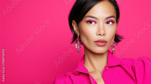 Obraz na płótnie Stylish Asian woman with vibrant pink makeup w salonie