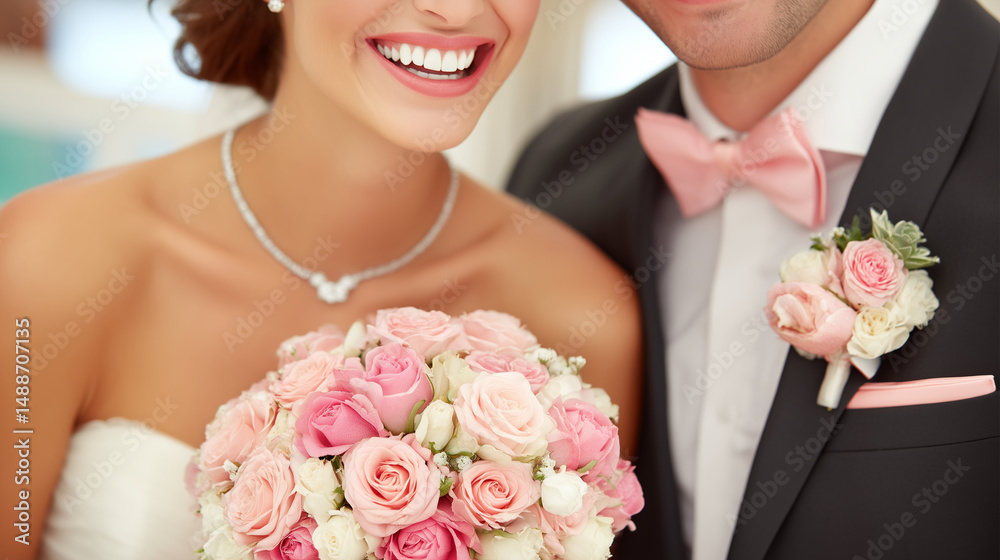 Smiling bride and groom holding wedding bouquet