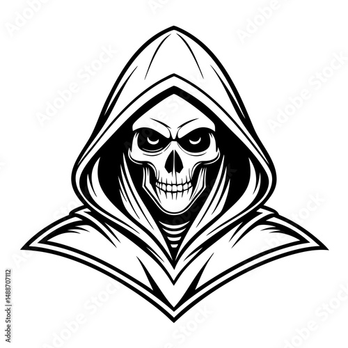Grim reaper skull with a hooded cloak, spooky and ominous, skull face, horror, fantasy.